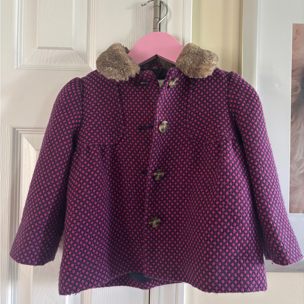 Cherokee Kids Pink and Navy Pea Coat with Faux Fur Collar